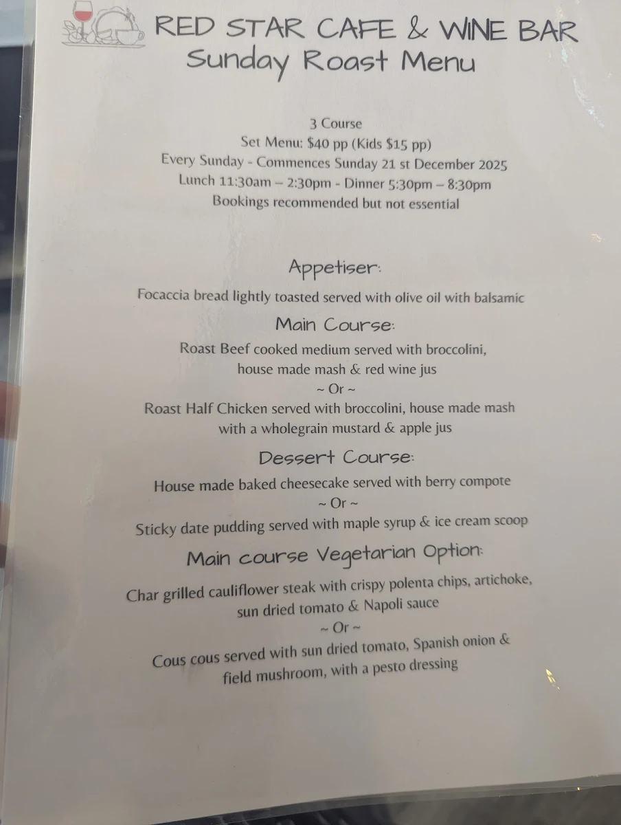 Menu, Red Star Café and Wine Bar