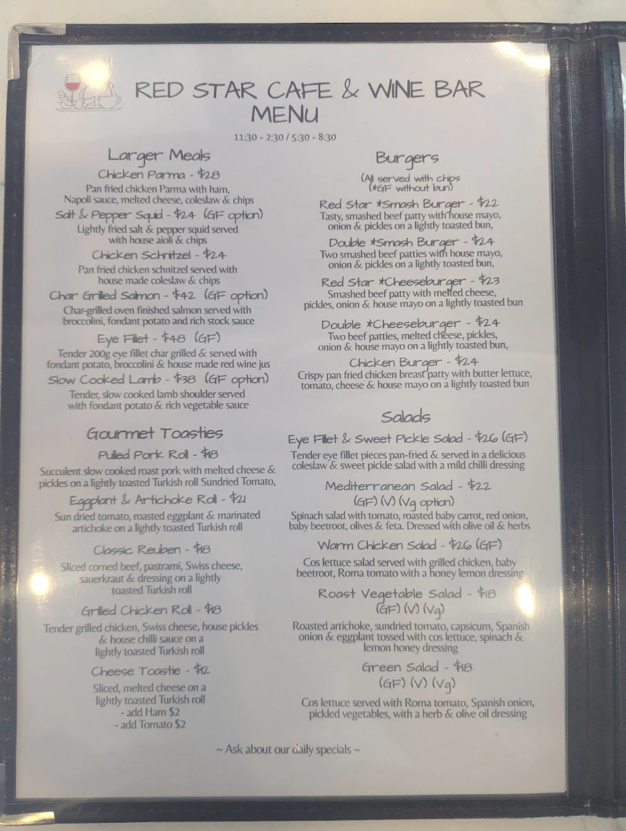 Menu, Red Star Café and Wine Bar