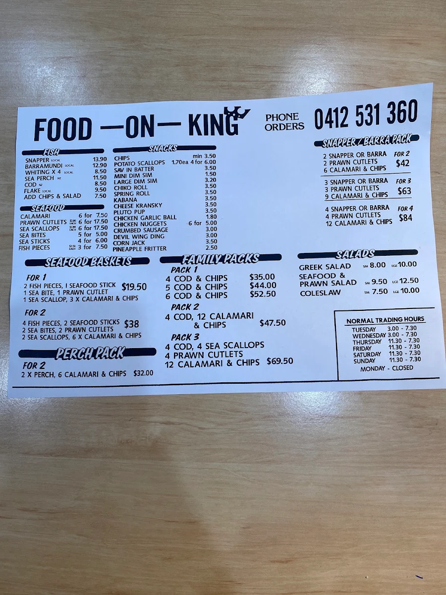 Menu, Food on King
