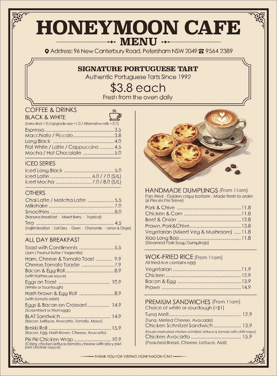 Menu, Honeymoon Cafe