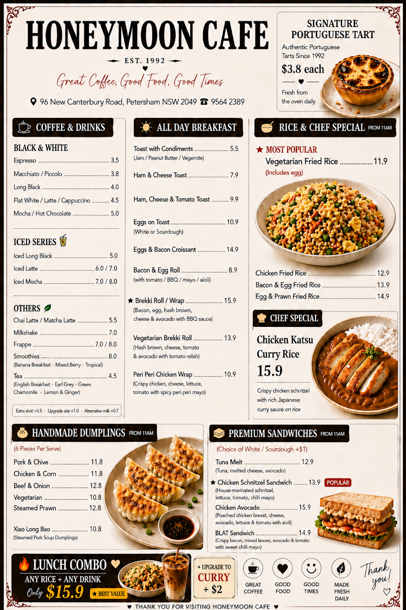 Menu, Honeymoon Cafe