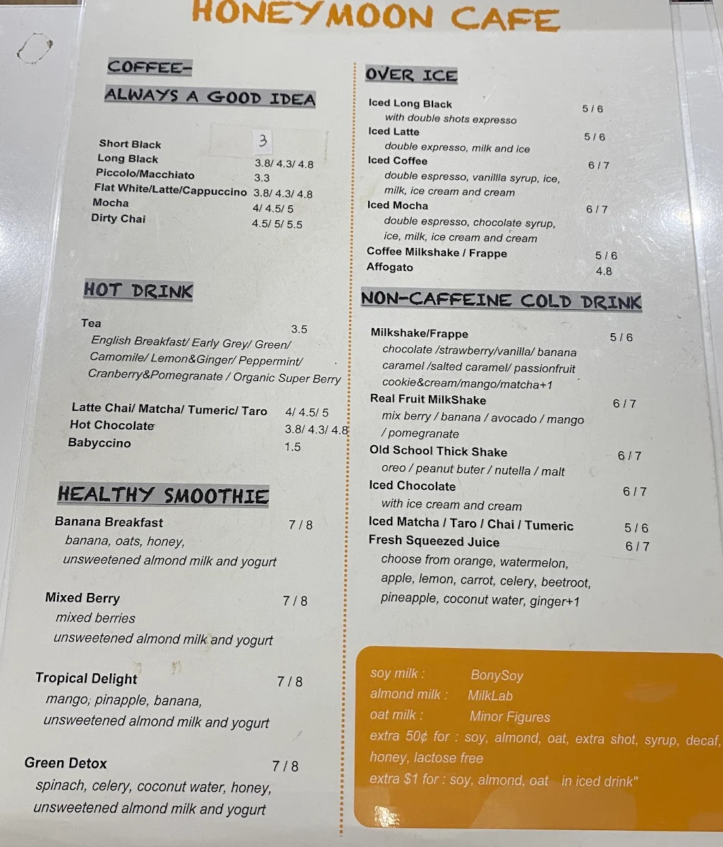 Menu, Honeymoon Cafe