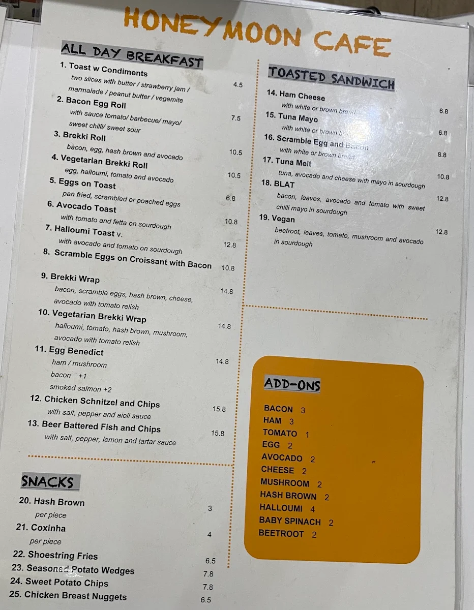 Menu, Honeymoon Cafe