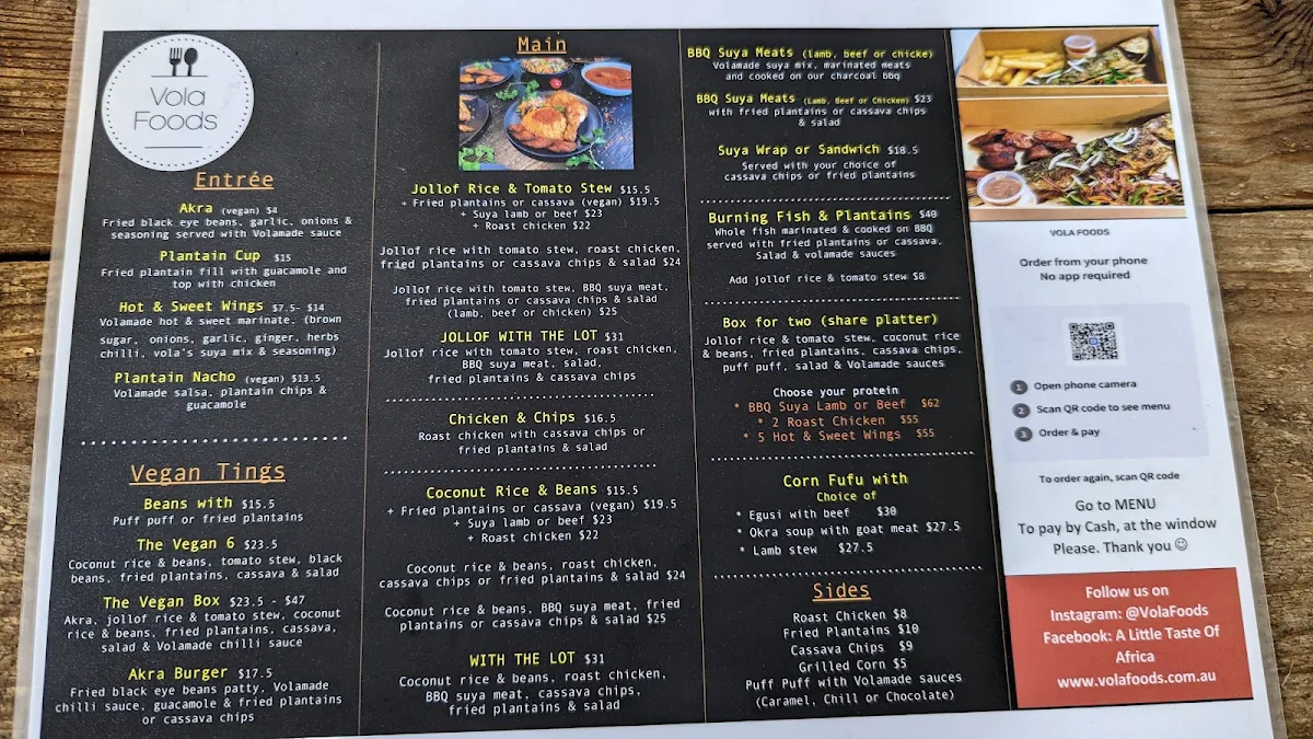 Menu, Vola Foods Food Truck & Catering