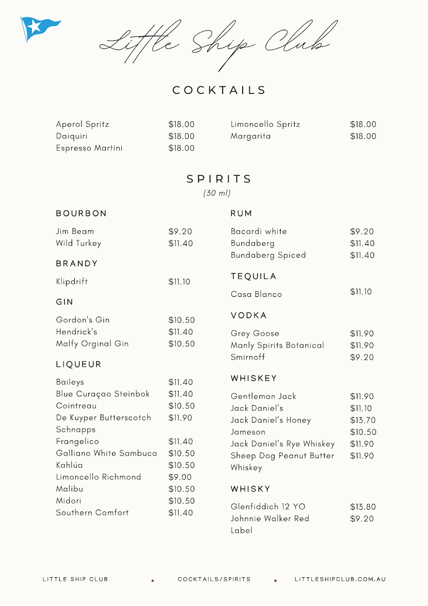 Menu, Little Ship Club