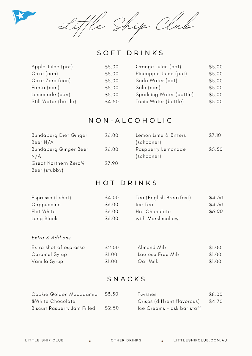Menu, Little Ship Club