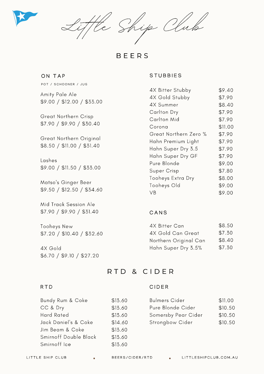Menu, Little Ship Club