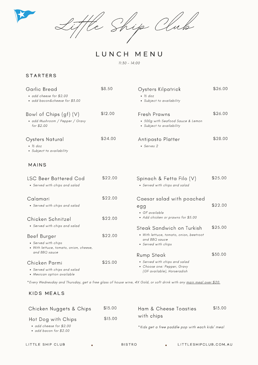 Menu, Little Ship Club
