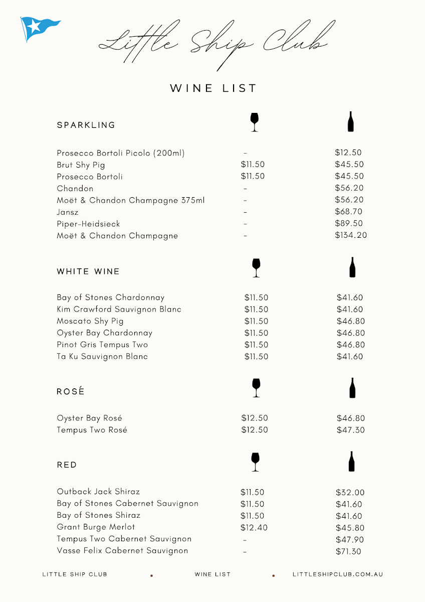 Menu, Little Ship Club