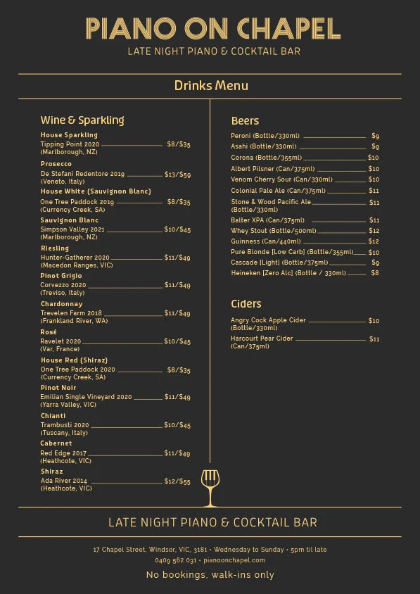 Menu, Piano on Chapel