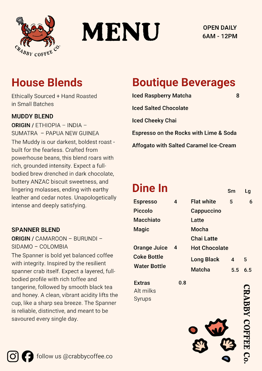 Menu, Crabby Coffee Co