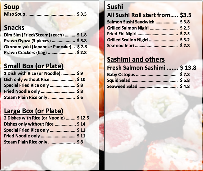 Menu, Oishi Oishi Morwell