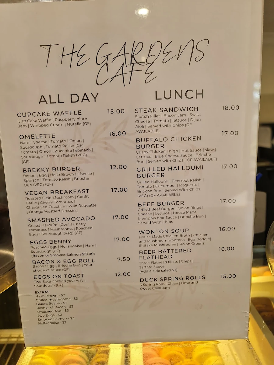 Menu, The Gardens Cafe & Function Centre