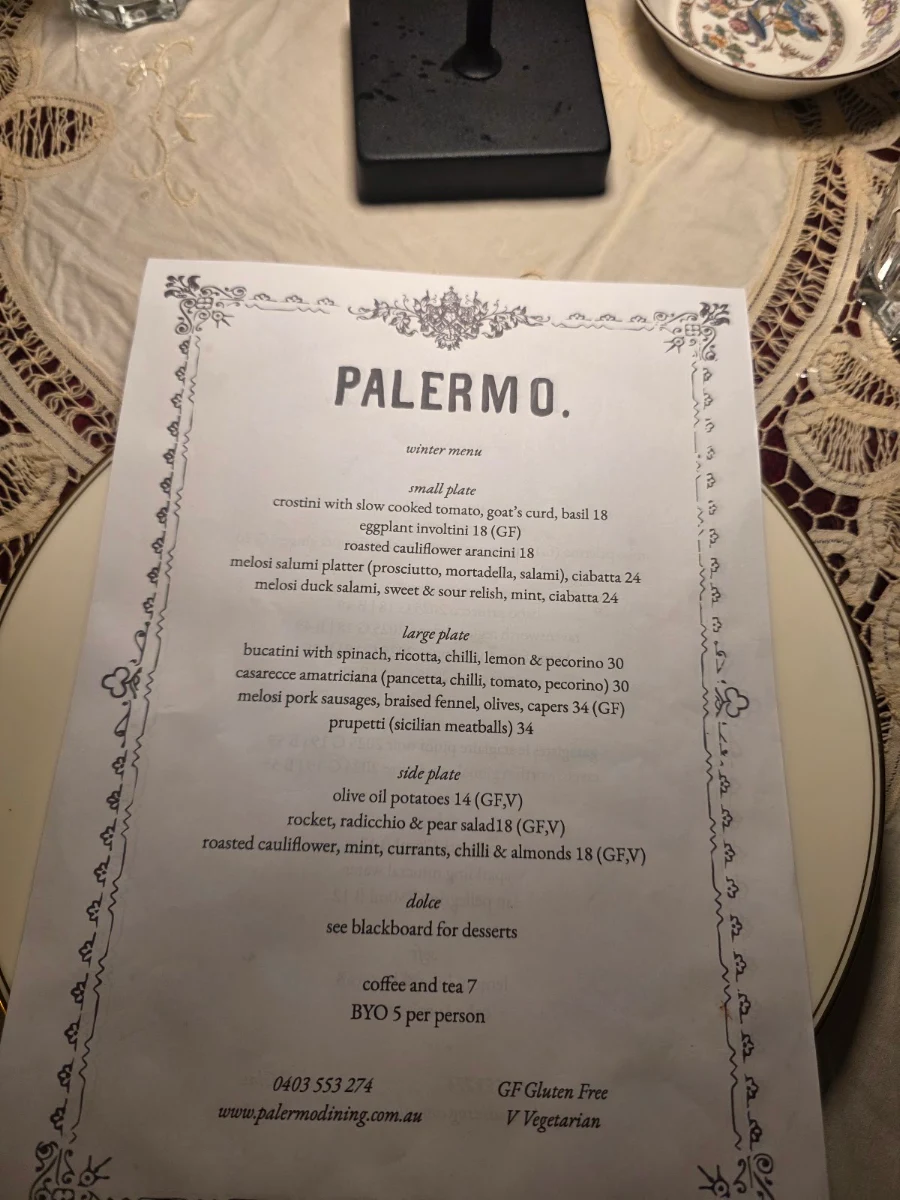 Menu, Palermo restaurant