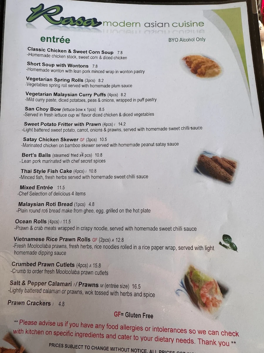 Menu, Rasa Modern Asian Cuisine