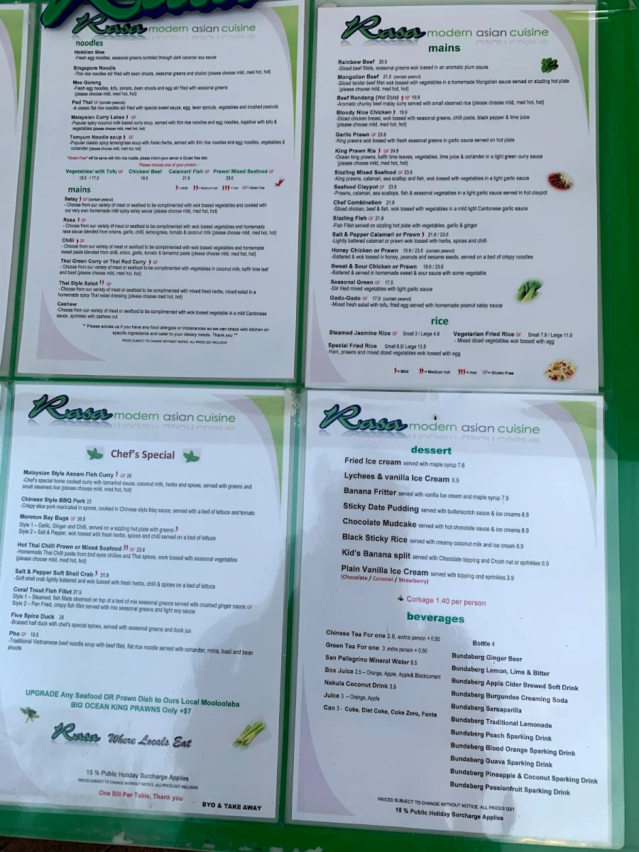 Menu, Rasa Modern Asian Cuisine