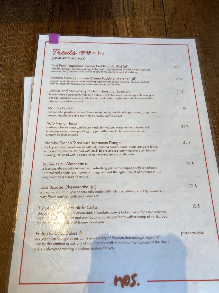 Menu, NOS. Bakehouse & Cafe