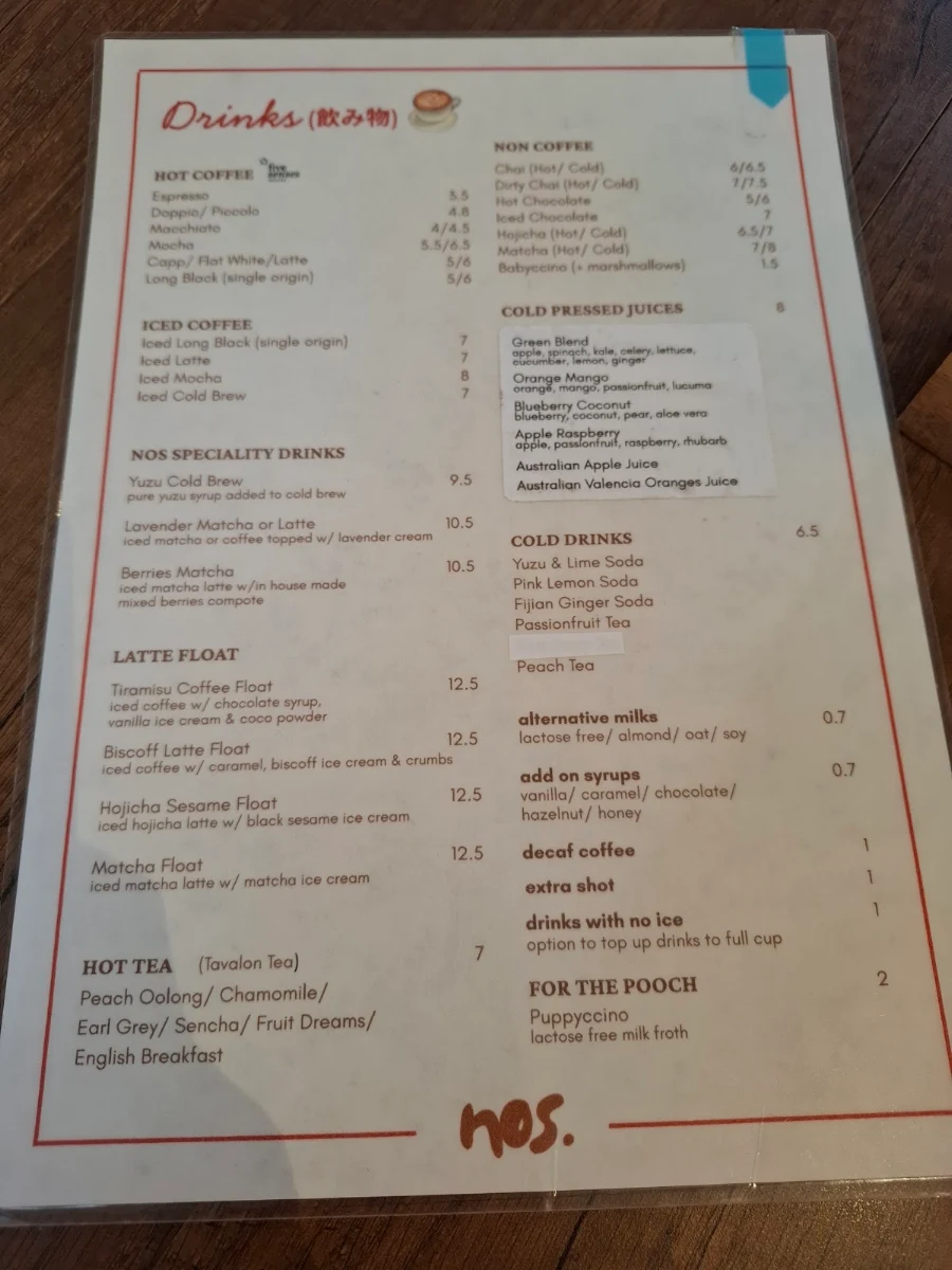 Menu, NOS. Bakehouse & Cafe