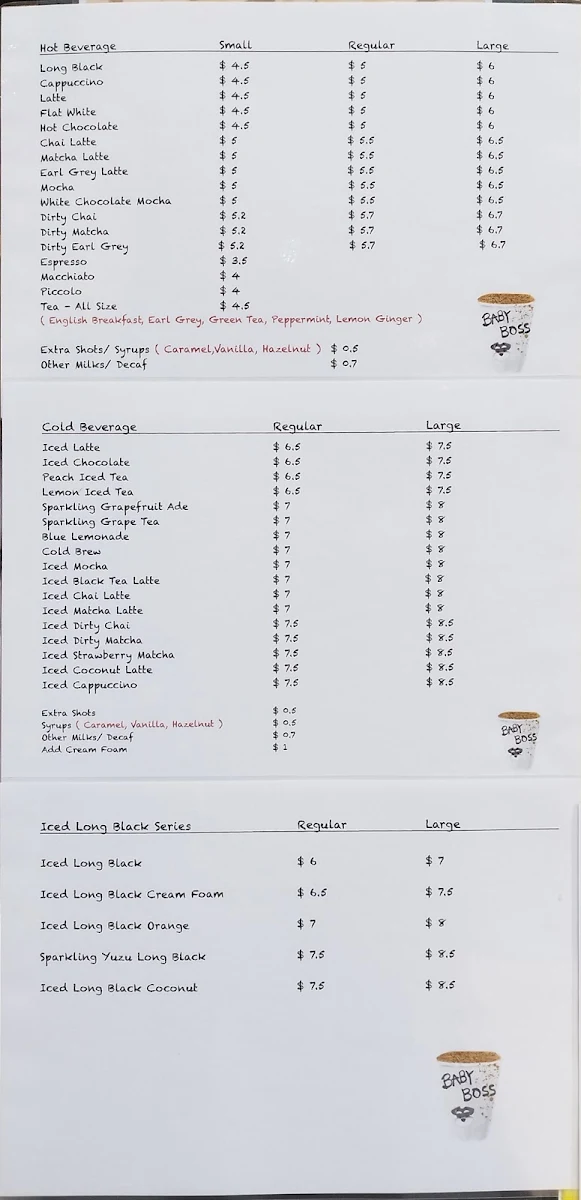 Menu, Baby Boss Coffee
