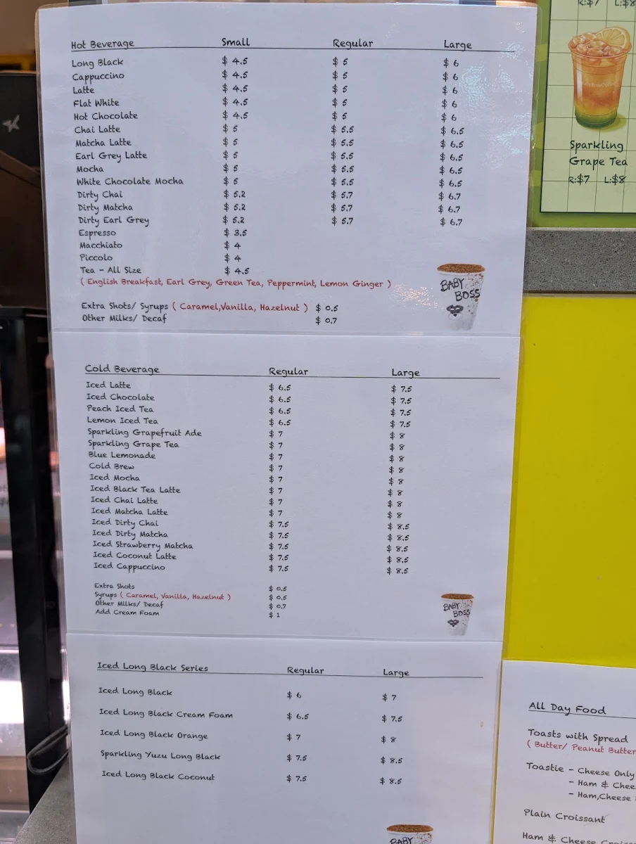 Menu, Baby Boss Coffee