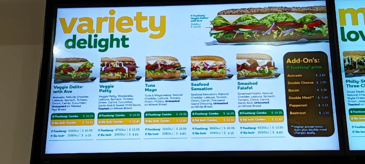 Menu, Subway Rundle Place