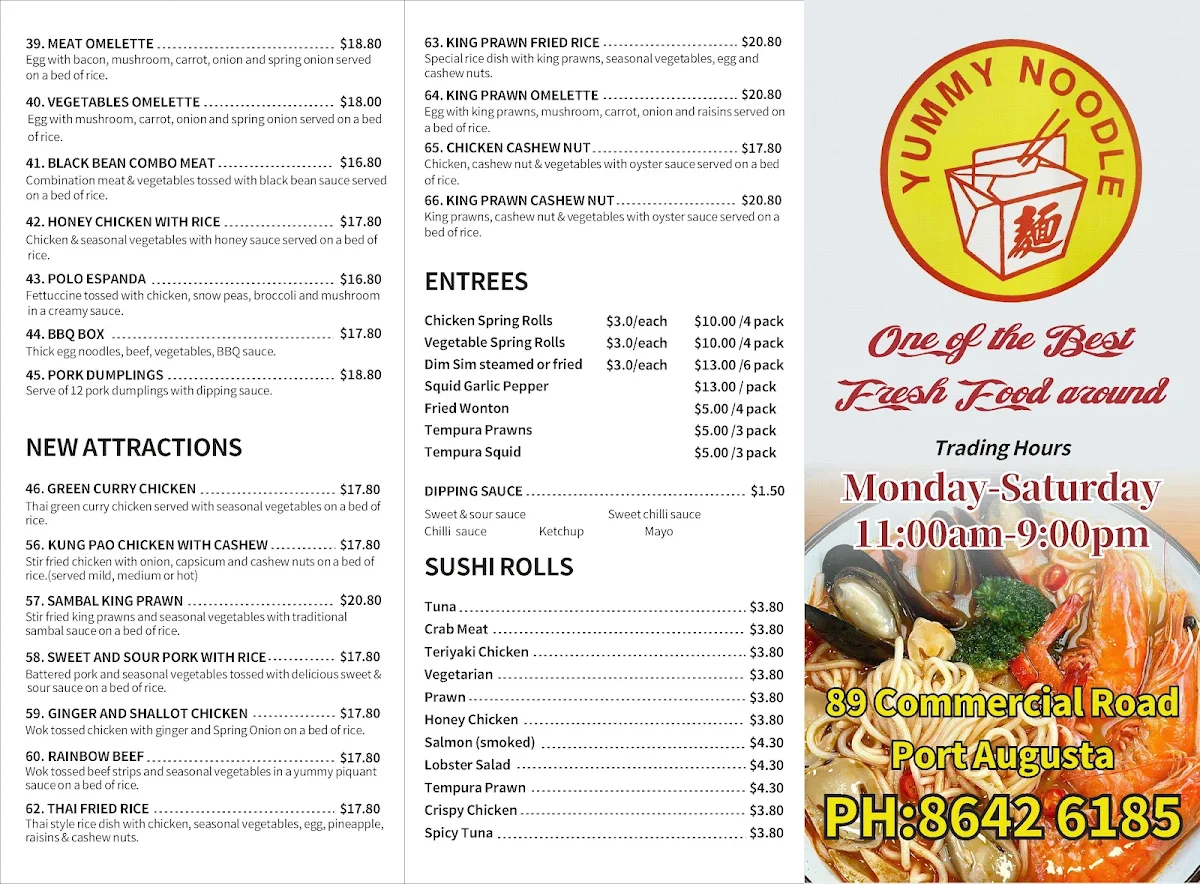 Menu, Yummy Noodle Port Augusta