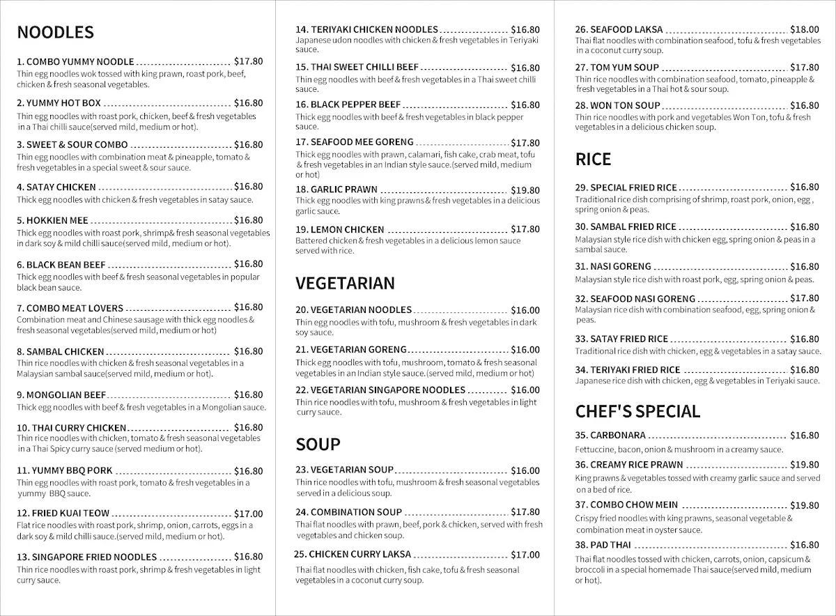 Menu, Yummy Noodle Port Augusta
