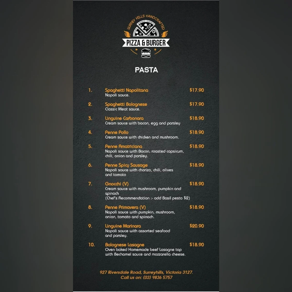 Menu, Surrey Hills Handcrafted Pizza & Burger