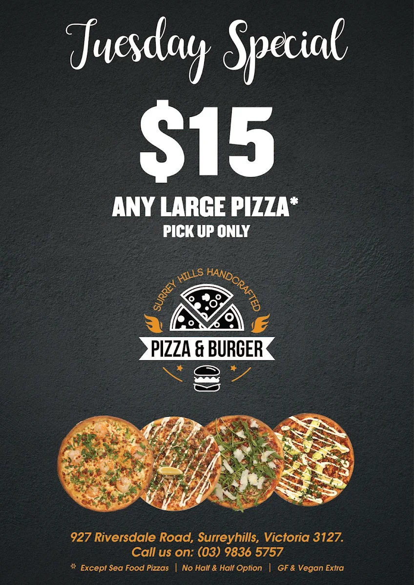 Menu, Surrey Hills Handcrafted Pizza & Burger