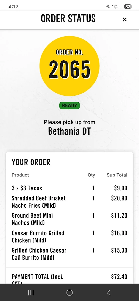 Menu, Guzman y Gomez - Bethania