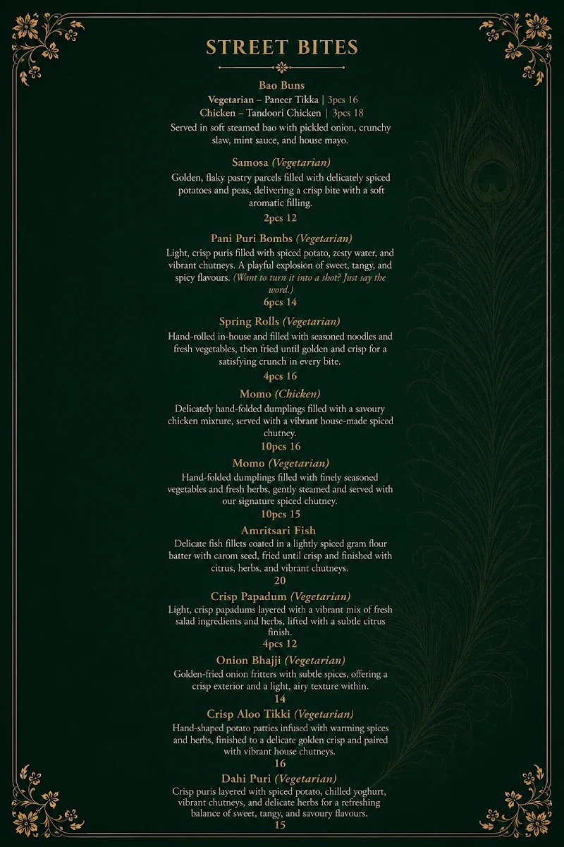 Menu, BASANT Indian Social Dining