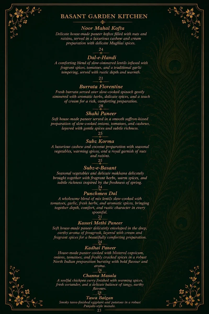 Menu, BASANT Indian Social Dining