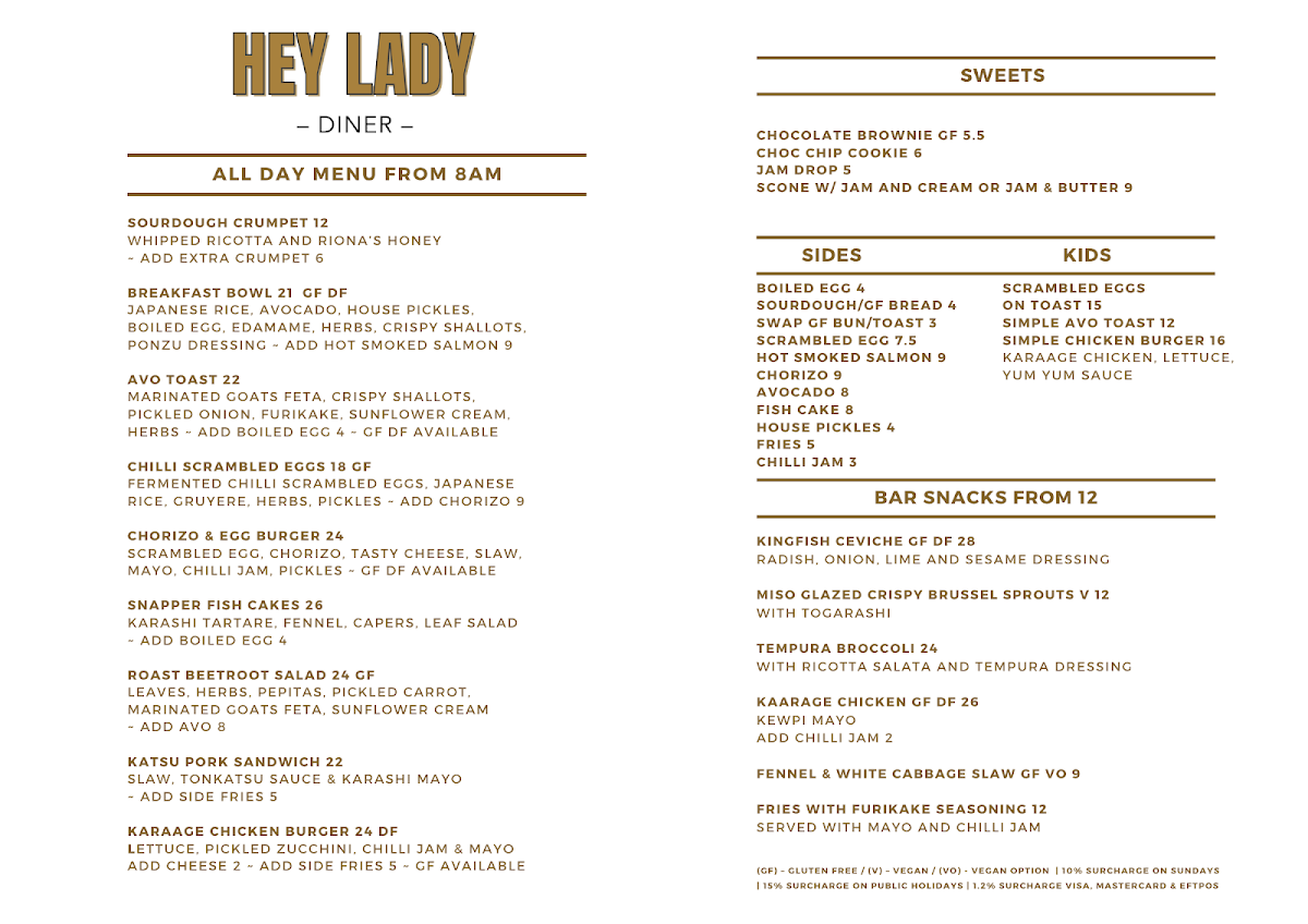 Menu, Hey Lady Diner