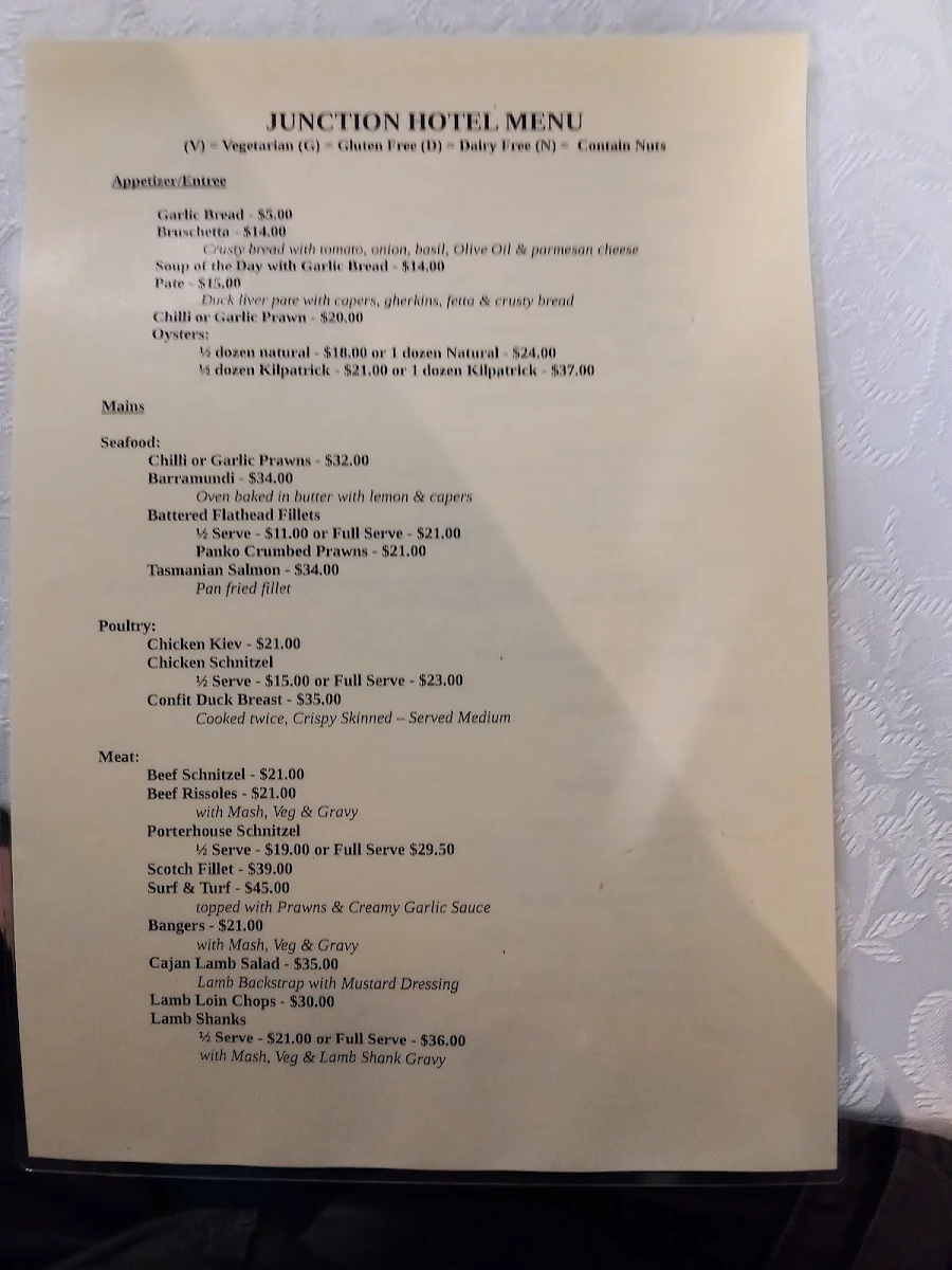 Menu, Junction Hotel