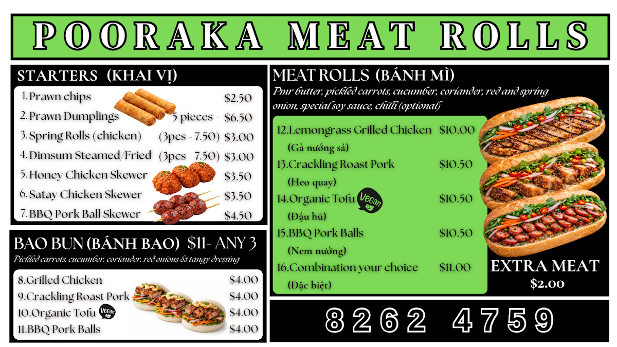 Menu, Pooraka Meat Rolls Banh Mi