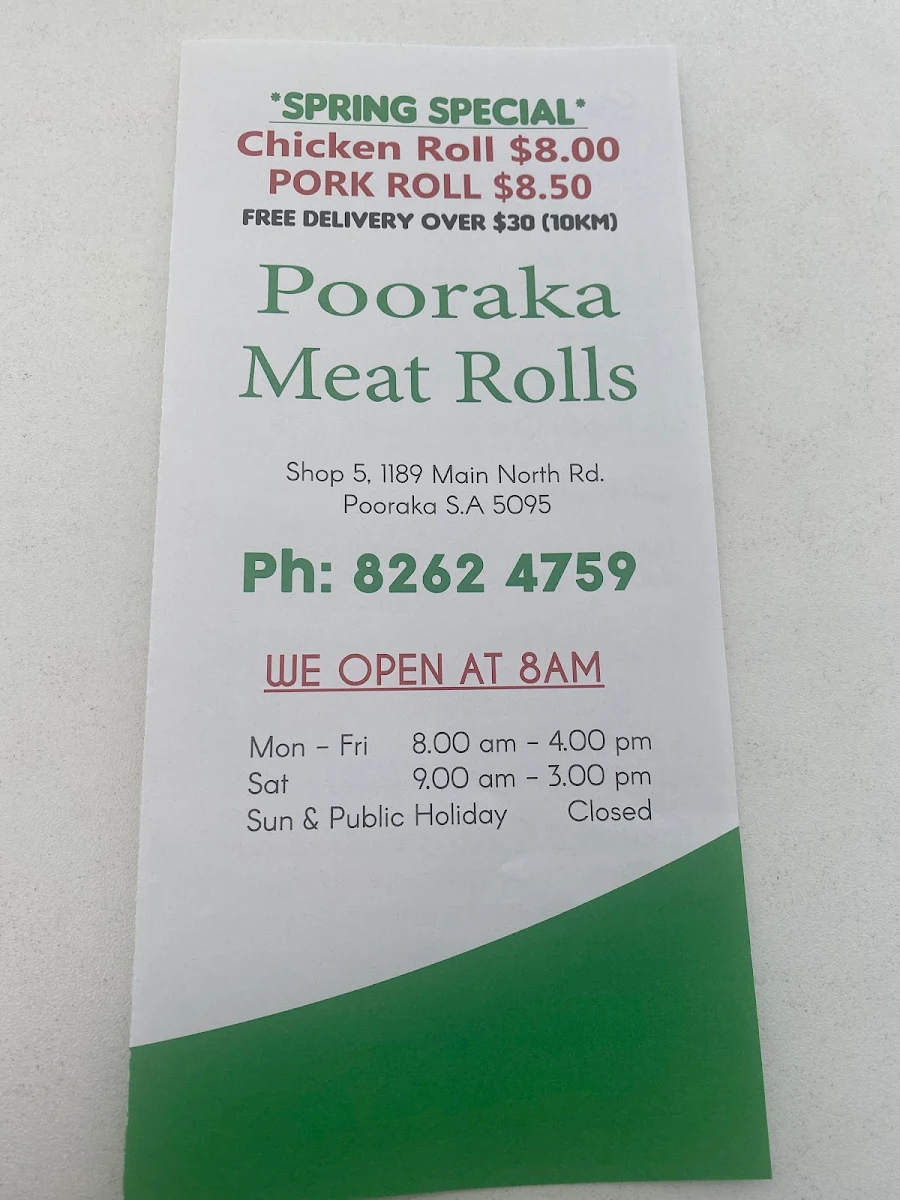 Menu, Pooraka Meat Rolls Banh Mi