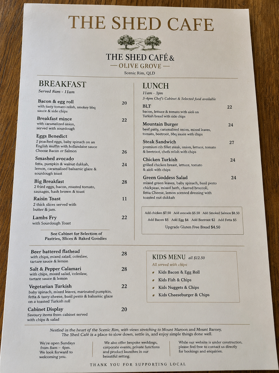 Menu, The Shed Cafe & Gift Shop Rathdowney