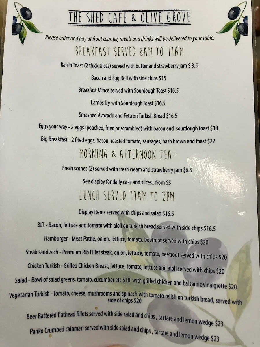 Menu, The Shed Cafe & Gift Shop Rathdowney