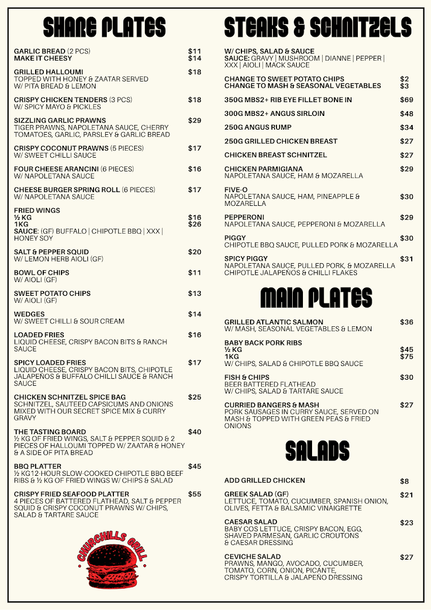 Menu, Churchills Sports Bar