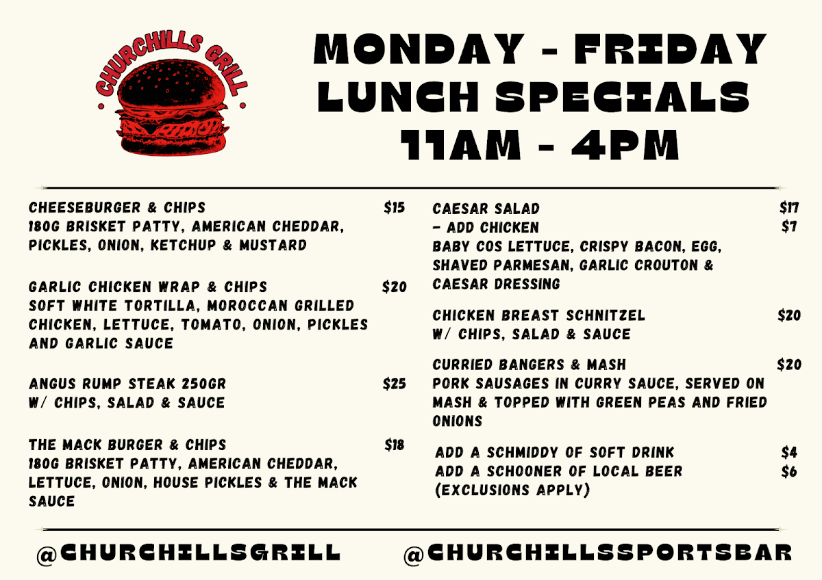 Menu, Churchills Sports Bar