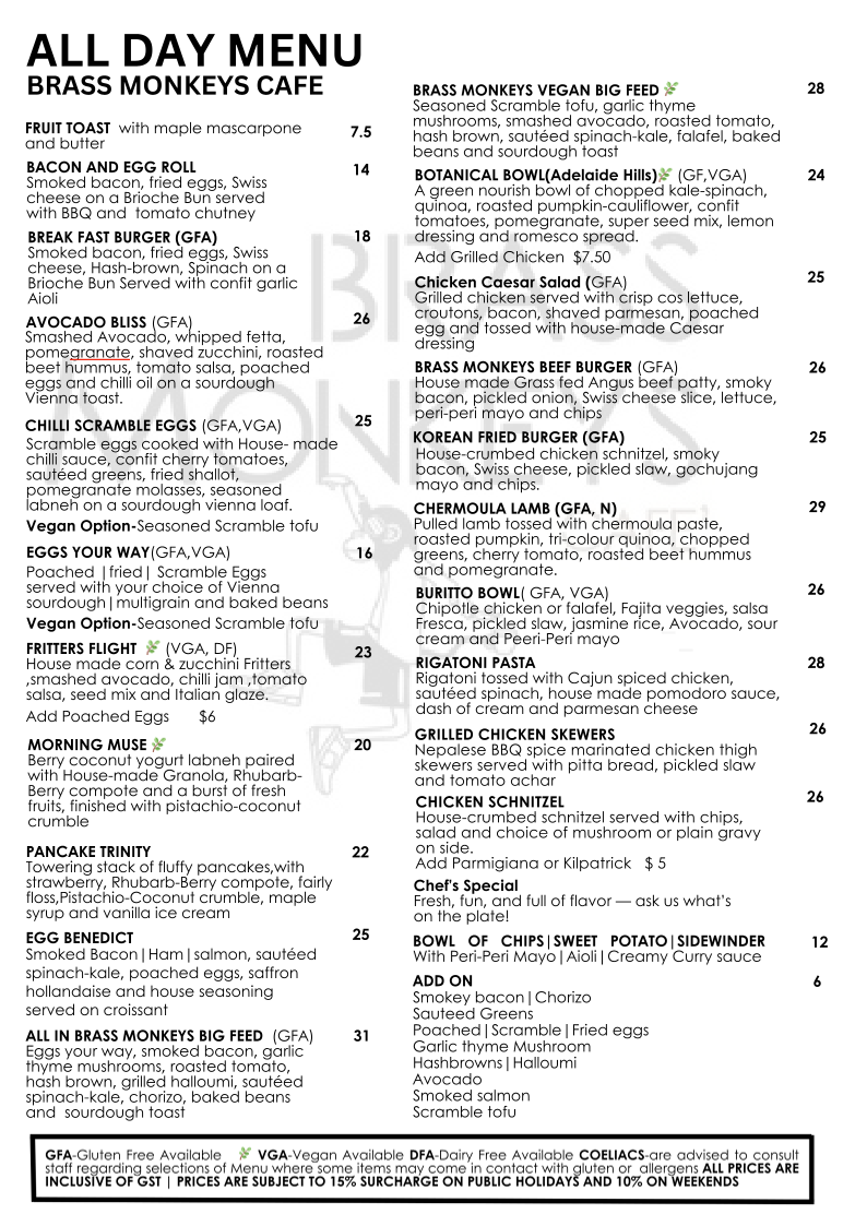 Menu, Brass Monkeys Cafe