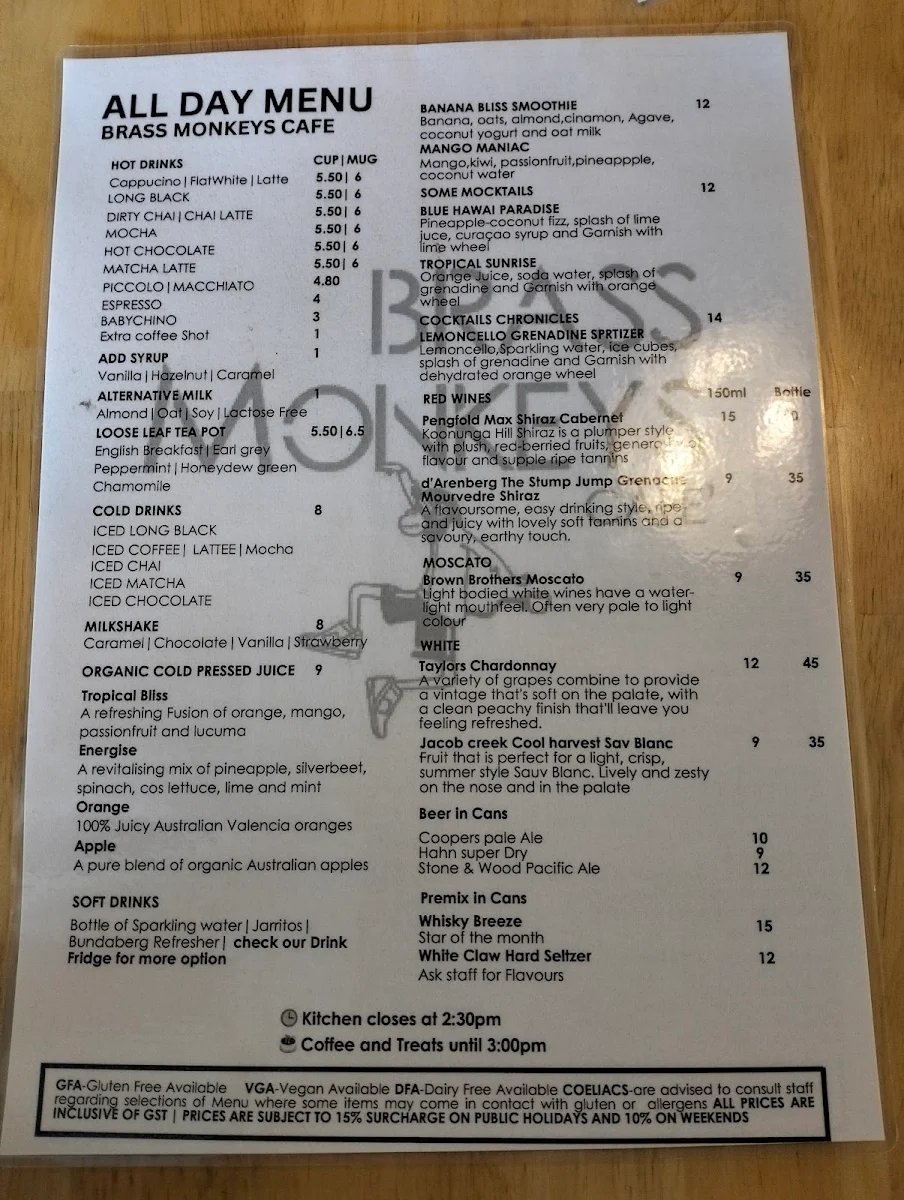 Menu, Brass Monkeys Cafe