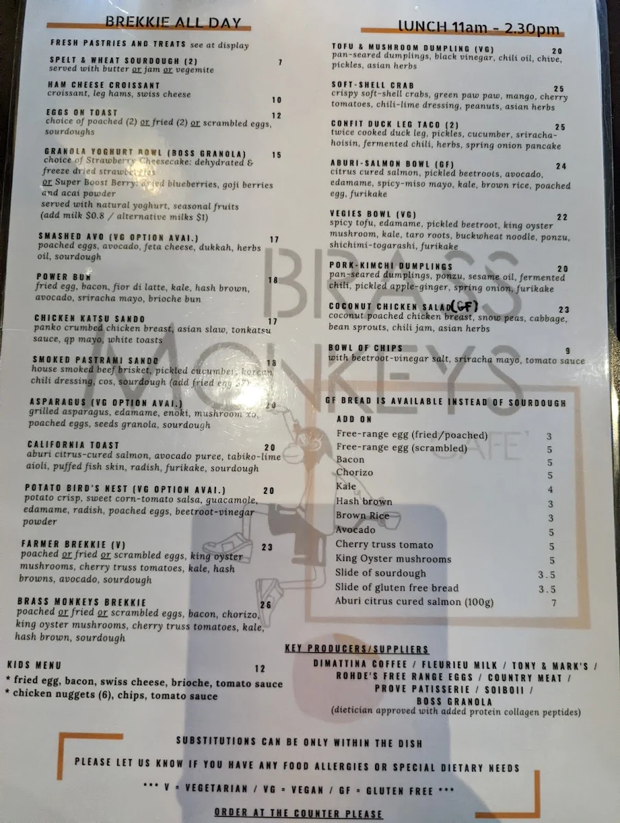Menu, Brass Monkeys Cafe