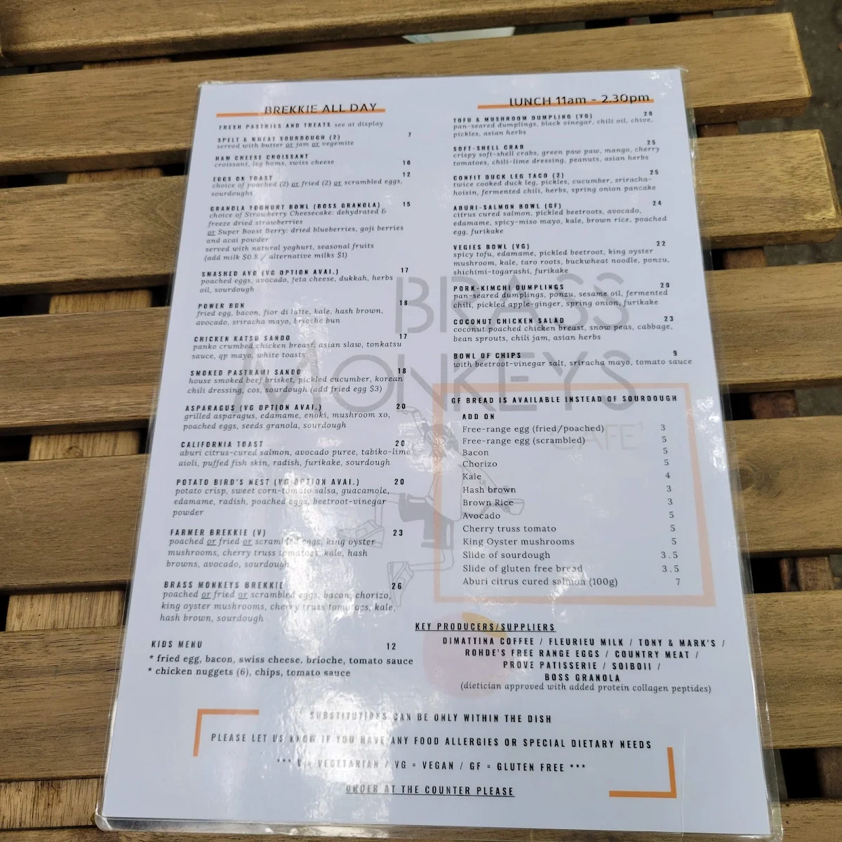 Menu, Brass Monkeys Cafe