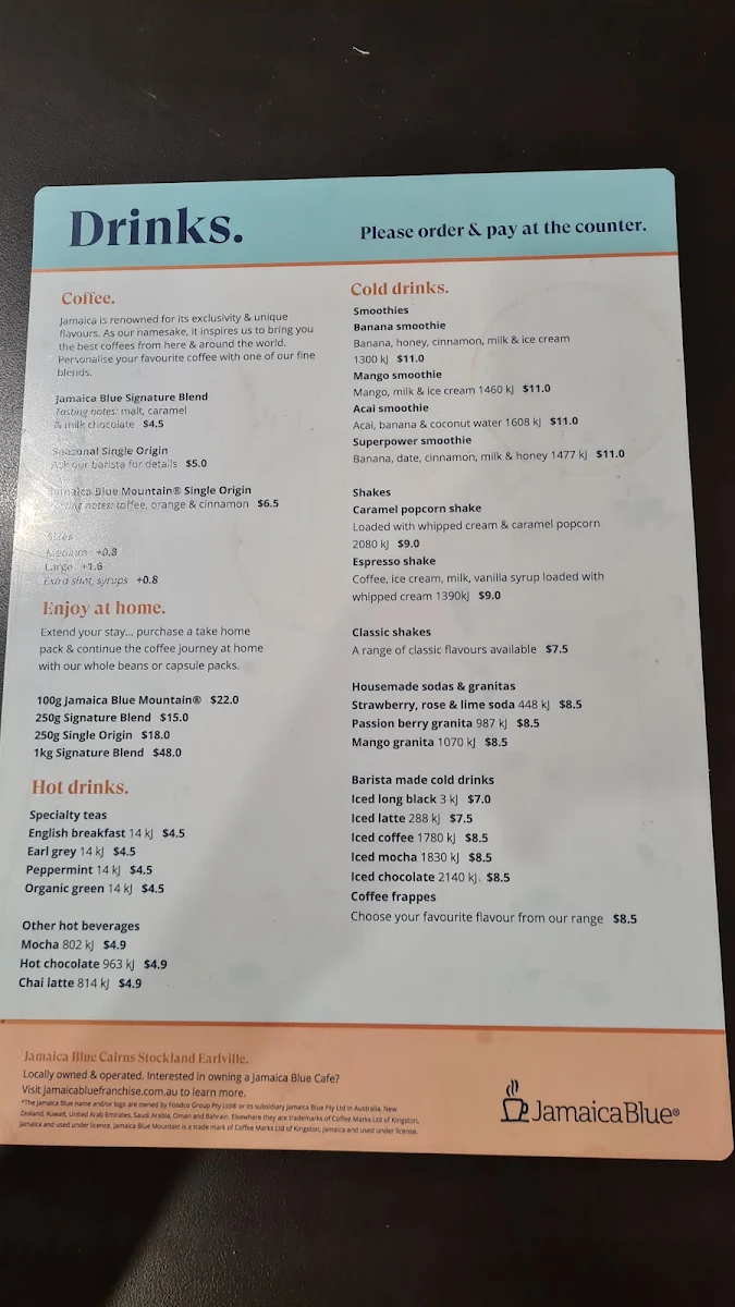 Menu, Jamaica Blue Cairns Earlville