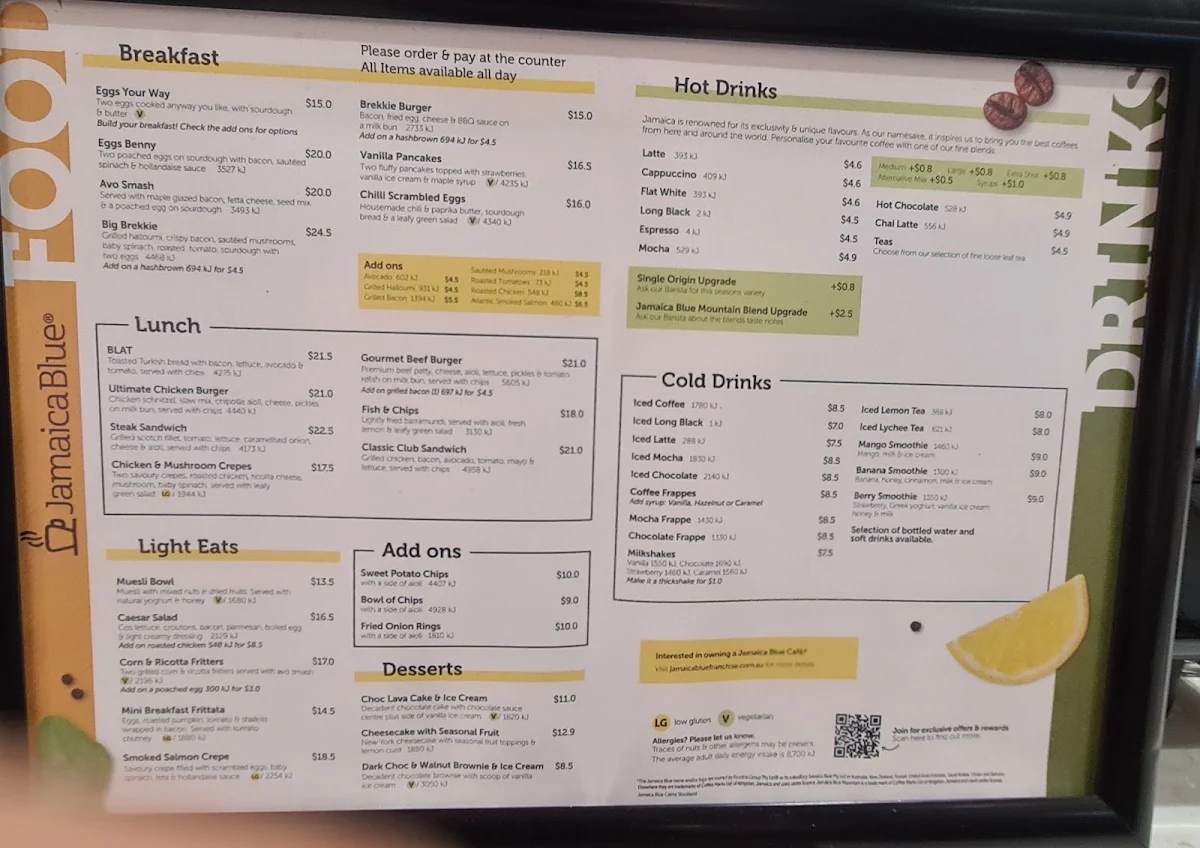 Menu, Jamaica Blue Cairns Earlville