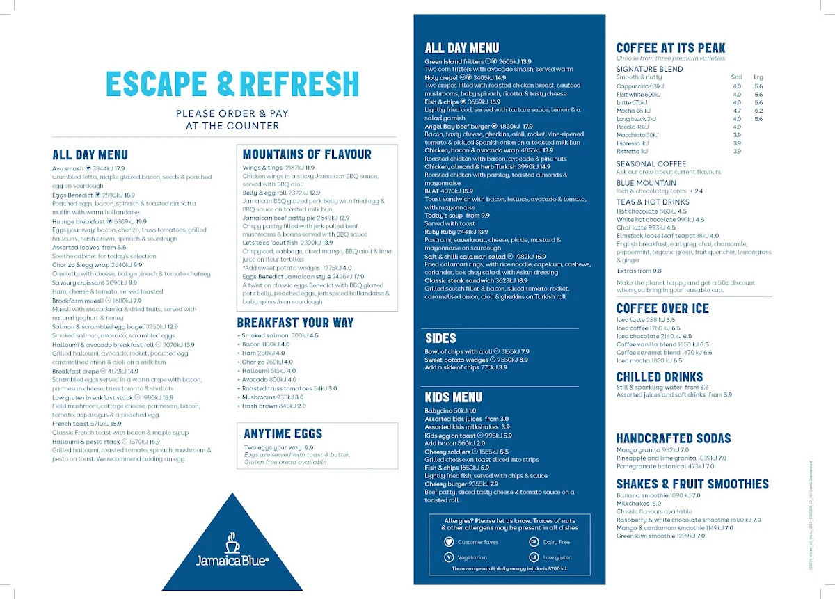 Menu, Jamaica Blue Cairns Earlville