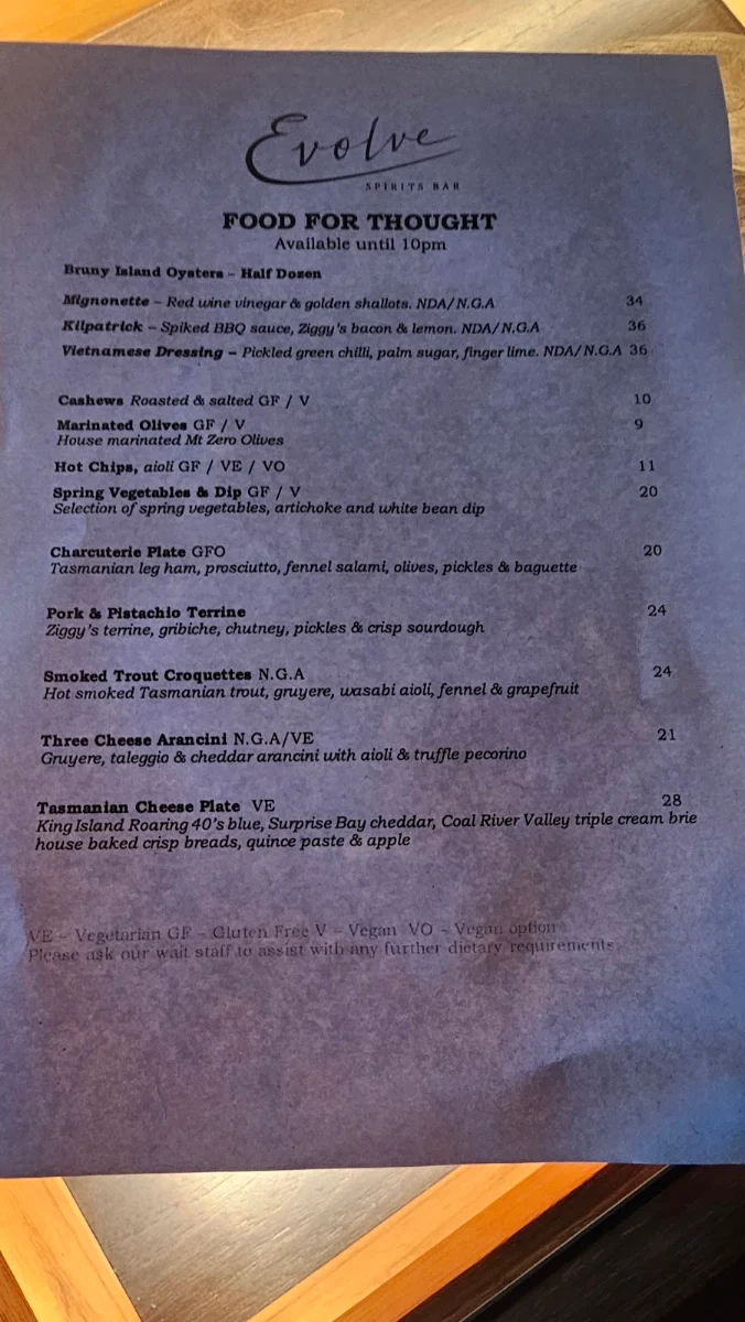 Menu, Evolve Spirits Bar