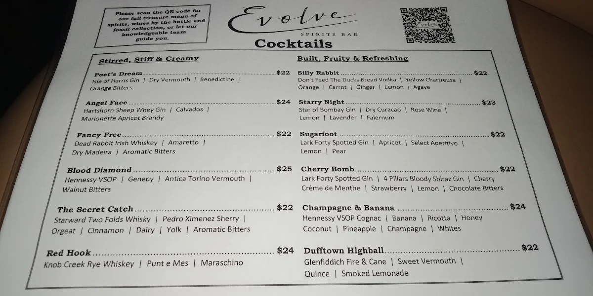 Menu, Evolve Spirits Bar