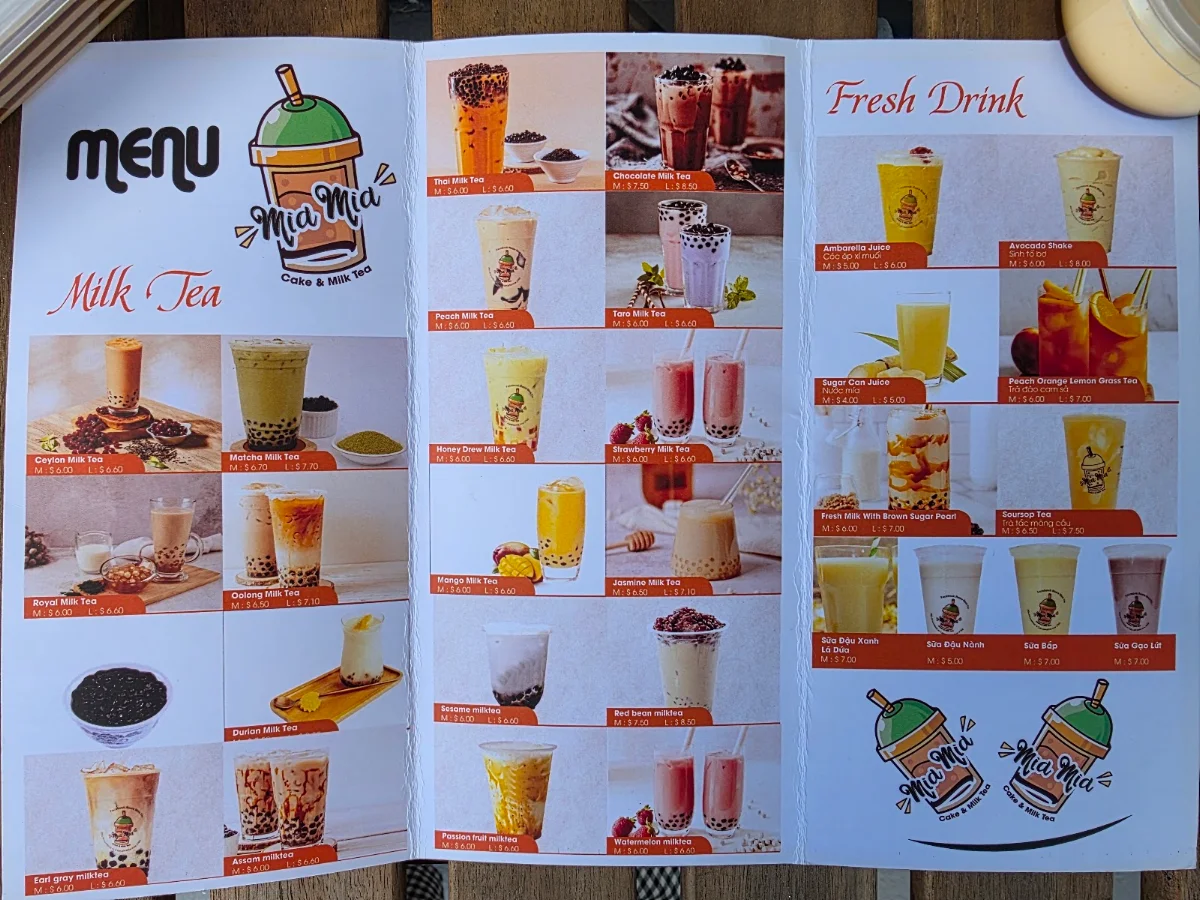 Menu, Mia Mia Cake and Milktea